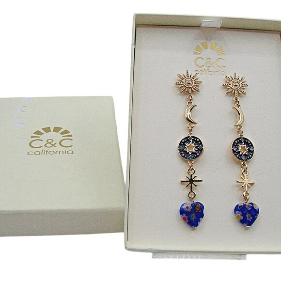 NIB C&C California Blue Gold Moon Stars Glass Beaded Heart Dangle Earrings - Picture 1 of 11